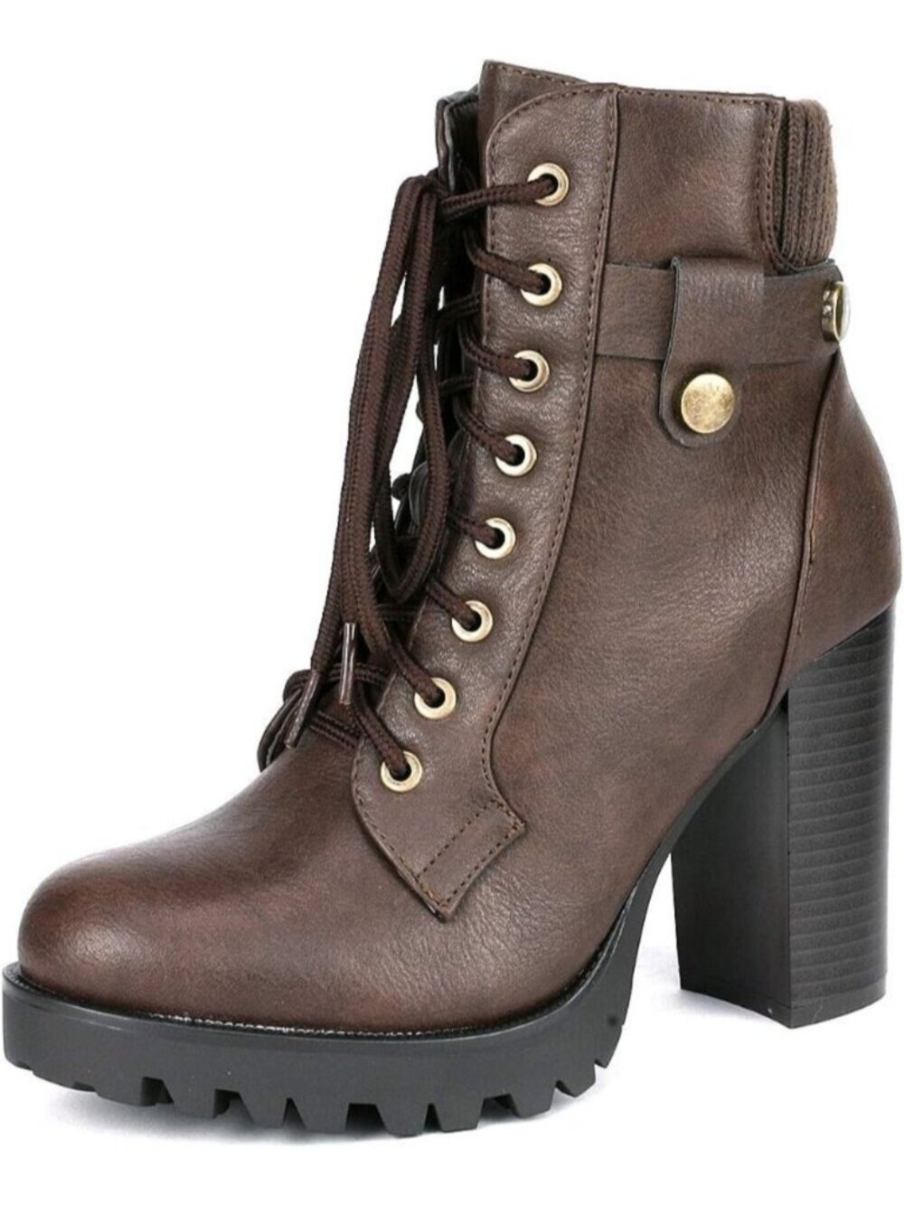 Women's Brown Round Toe Chunky Platform Heels Lace Up Combat Ankle Booties